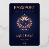 Passportの結婚宛先金ゴールドクレストモノグラム 箔招待状 (正面)