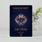 Passportの結婚宛先金ゴールドクレストモノグラム 箔招待状 (立ち正面)