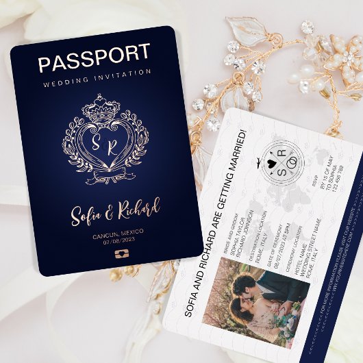 Passportの結婚宛先金ゴールドクレストモノグラム 箔招待状