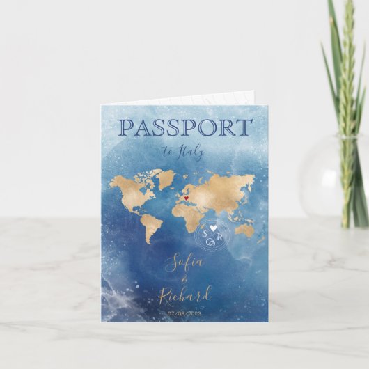 Passportの結婚宛先金ゴールド世界地図Inv 招待状 (正面)