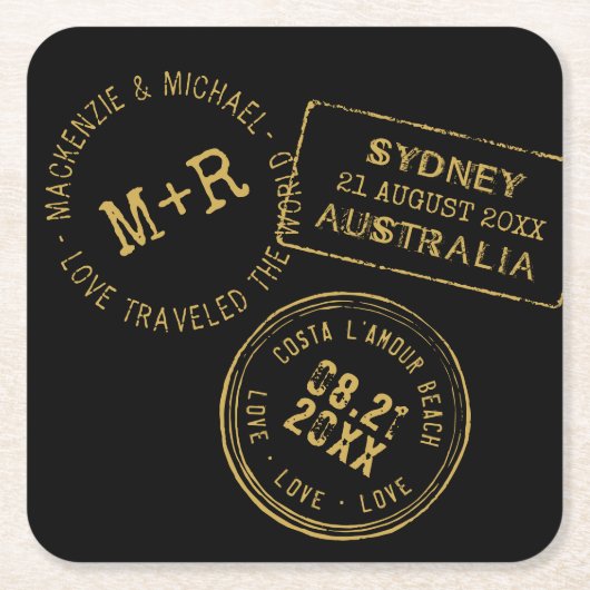 Passportスタンパーソナライズされたプ黒金ゴールド  スクエアペーパーコースター (正面)