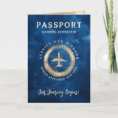 Passport結婚のネイビーブルー金ゴールドヴィンテージ 招待状 (正面)