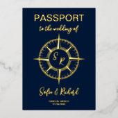 Passport結婚の目的地ゴールドフォイルコンパス 箔招待状 (正面)