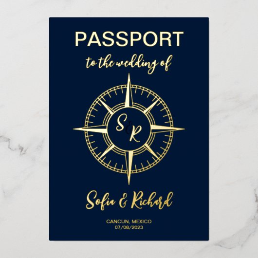Passport結婚の目的地ゴールドフォイルコンパス 箔招待状 (正面)