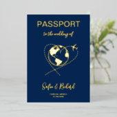 Passport結婚の目的地金ゴールド世界地図フォイルI 箔招待状 (立ち正面)