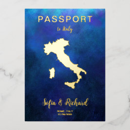 Passport結婚の目的地金ゴールド海軍イタリアの地図 箔招待状