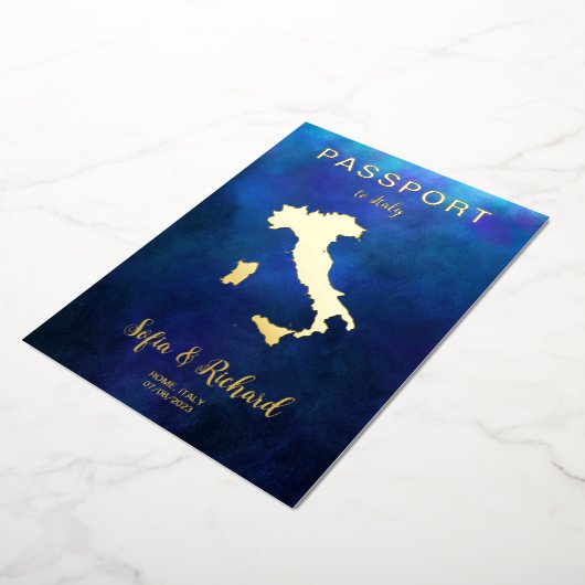 Passport結婚の目的地金ゴールド海軍イタリアの地図 箔招待状 (回転した状態)