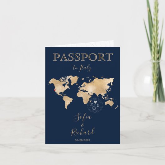 Passport結婚の金ゴールド世界地図 招待状 (正面)