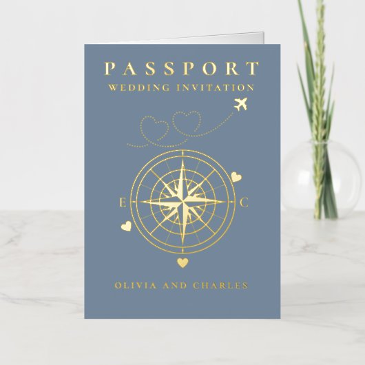 Passport Destination Blue金ゴールド結婚式招待状 箔シーズンカード (正面)