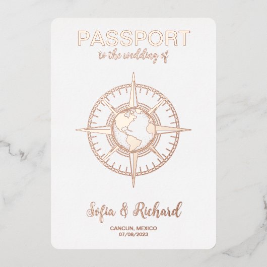 Passport Destination Wedding Gold Foil World Map 箔招待状 (正面)