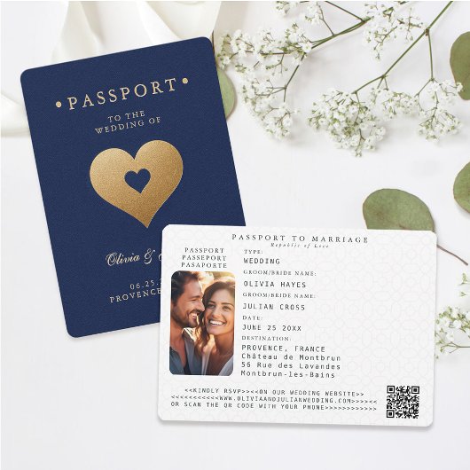 Passport Navyフェイク金ゴールドハート先結婚式 招待状