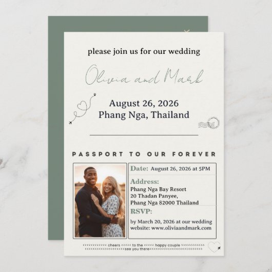 Passport RSVP Card – Sage & Beige | Rustic 招待状 (正面/裏面)