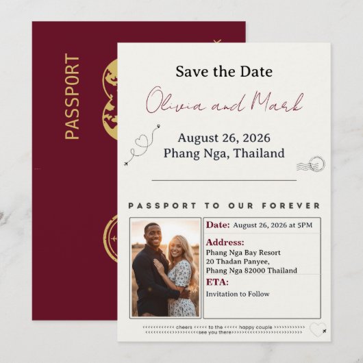 Passport Save the Date – Burgundy & Champagne 招待状 (正面/裏面)