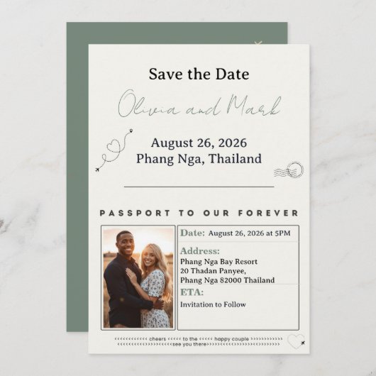 Passport Save the Date – Sage & Beige | Rustic 招待状 (正面/裏面)