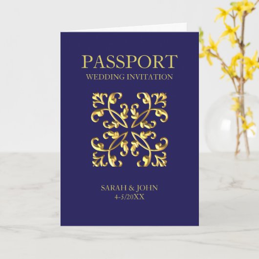 Passport Travel Destination Royal Blue Invitation カード (黄色い花)