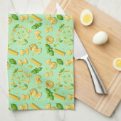 Pasta and basil leaves on green キッチンタオル (四つ折り)
