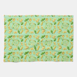 Pasta and basil leaves on green キッチンタオル