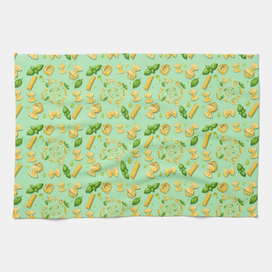 Pasta and basil leaves on green キッチンタオル (横)