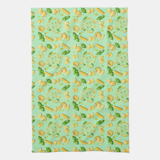 Pasta and basil leaves on green キッチンタオル (縦)