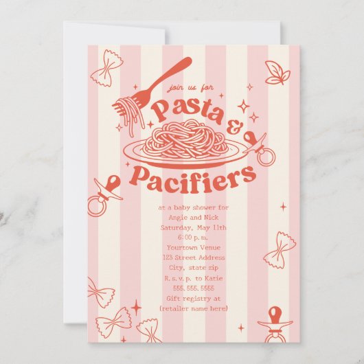Pasta & Pacifiers Doodle Pink Girl Baby Shower 招待状 (正面)