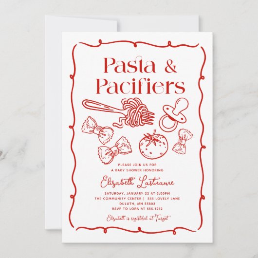 Pasta & Pacifiers Hand Drawn Italian Baby Shower 招待状 (正面)