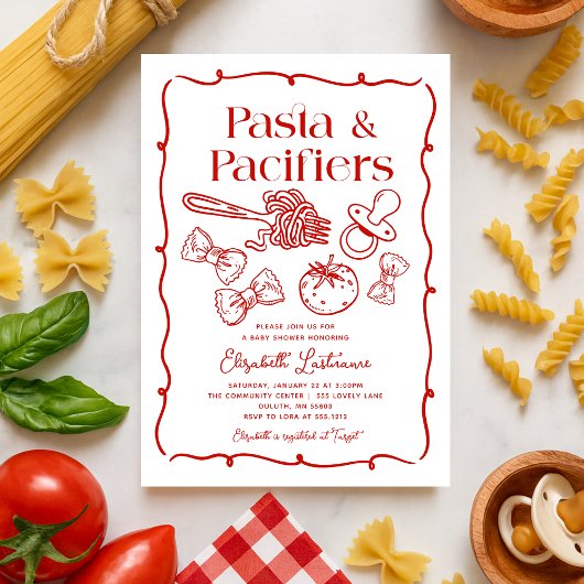 Pasta & Pacifiers Hand Drawn Italian Baby Shower 招待状