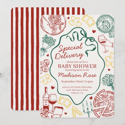 Pasta Special Delivery Italian Baby Shower 招待状 (正面/裏面)