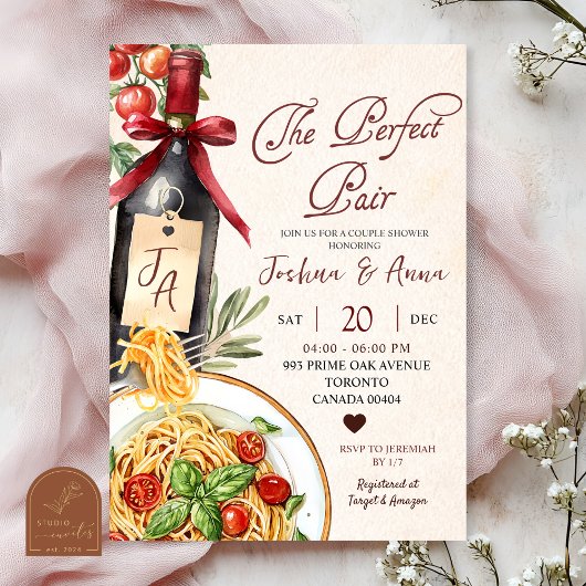 Pasta Wine Perfect Pair Bridal Shower 招待状