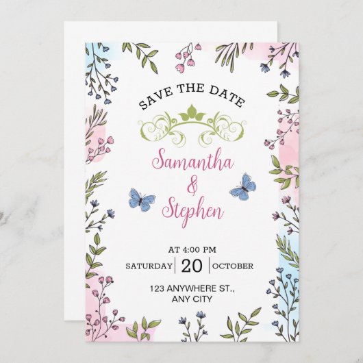 Pastelカラースケッチの例証フローラ救: 招待状 (正面/裏面)