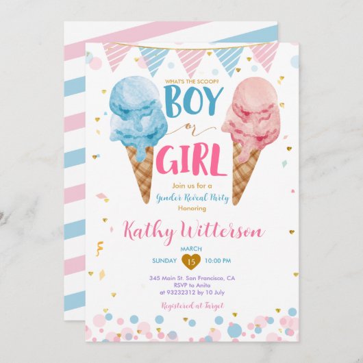 Pastelスクープのアイスクリームジェンダーリビールとは 招待状 (正面/裏面)