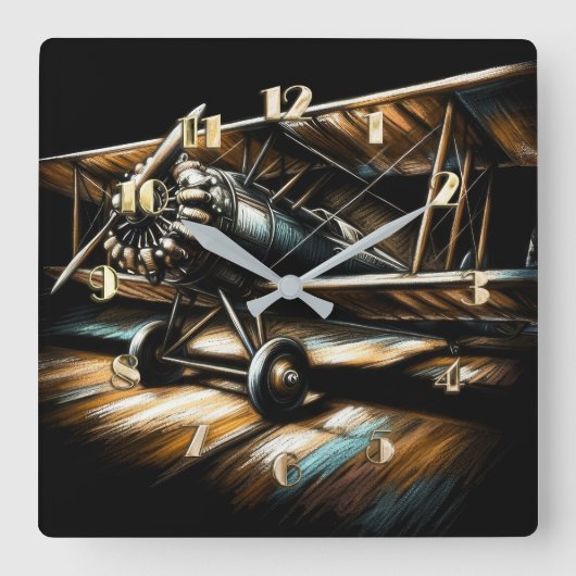  Pastel Antique Biplane Aeroplane Airplane スクエア壁時計 (正面)