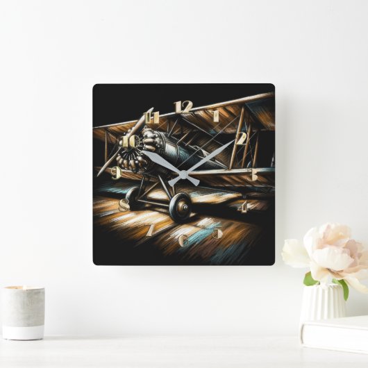  Pastel Antique Biplane Aeroplane Airplane スクエア壁時計 (ホーム)