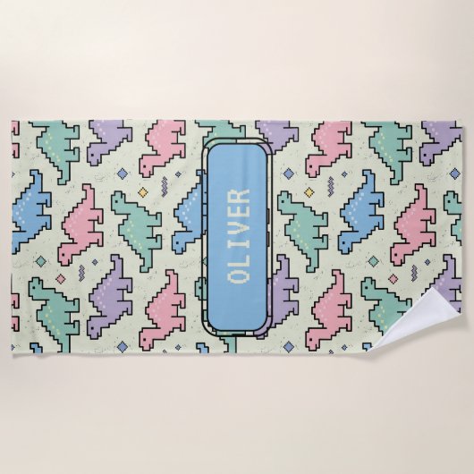 Pastel Arcade Dinosaur Pixel Silhouettes Pattern ビーチタオル (正面)