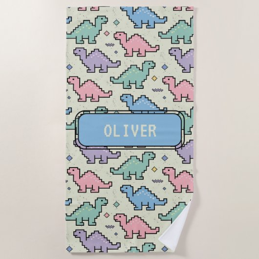 Pastel Arcade Dinosaur Pixel Silhouettes Pattern ビーチタオル (正面)