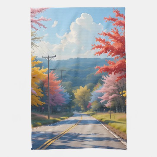 Pastel Autumn Country Road Watercolor キッチンタオル (縦)