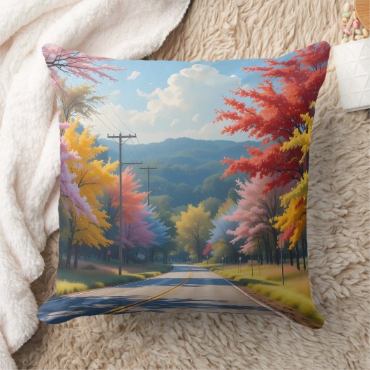 Pastel Autumn Country Road Watercolor クッション (ブランケット)