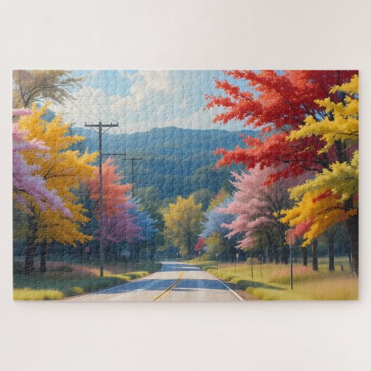 Pastel Autumn Country Road Watercolor ジグソーパズル (横)