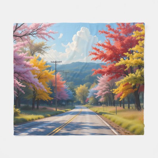 Pastel Autumn Country Road Watercolor フリースブランケット (正面(横))