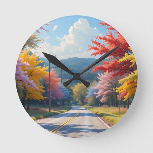 Pastel Autumn Country Road Watercolor ラウンド壁時計 (正面)