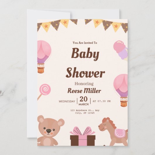 Pastel Baby Shower Invite – Balloons, Bear & Candy 招待状 (正面)
