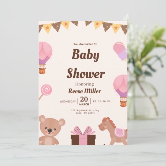 Pastel Baby Shower Invite – Balloons, Bear & Candy 招待状 (スタンド正面)