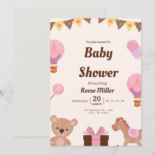 Pastel Baby Shower Invite – Balloons, Bear & Candy 招待状 (正面/裏面)