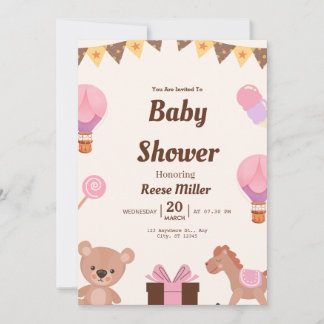 Pastel Baby Shower Invite – Balloons, Bear & Candy 招待状