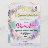 Pastel Balloons and Butterfly Quinceañera birthday 招待状 (正面/裏面)