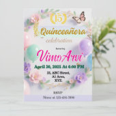 Pastel Balloons and Butterfly Quinceañera birthday 招待状 (スタンド正面)