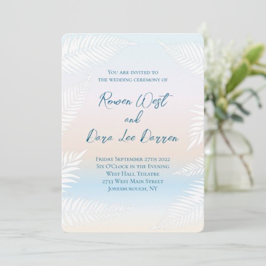 Pastel Beach Sunset Tropical Palm Leaf Wedding 招待状 (スタンド正面)