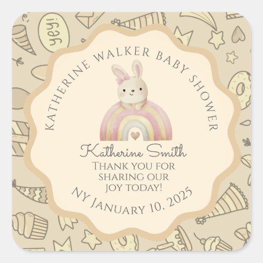 pastel beige bunny cute party babyshower スクエアシール (正面)