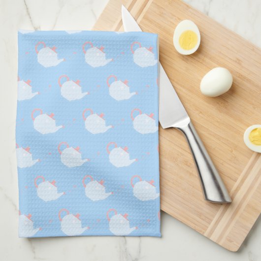 Pastel Blue and Pink Teapot Pattern キッチンタオル (四つ折り)