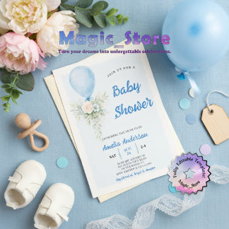 Pastel Blue Balloon Floral Watercoler Baby Shower  招待状