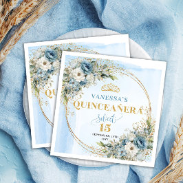 Pastel Blue Boho Floral Gold Glitter 15th Birthday スタンダードカクテルナプキン